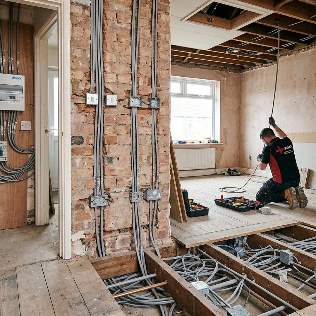 Elektriker verlegt neue Stromleitungen bei einer Haussanierung